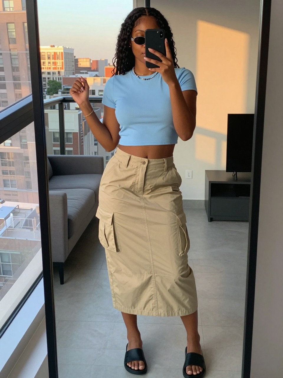 iPhone mirror selfie of a black woman wearing a baby blue cropped baby tee with a khaki cargo midi skirt and flat black slide sandals, tiny oval sunglasses on, holding a beaded choker necklace, standing in a playful pose, cropped at NECK so face doesn't show, in a city apartment, evening golden hour, iPhone photo quality.