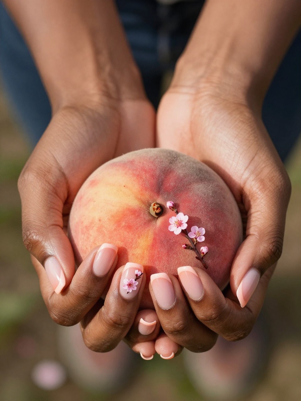 Bird's-eye view of black feminine hands holding a peach. The nails have a soft peach French tip. On the natural nail base, delicate branches with tiny pink peach blossoms are painted. The setting is warm and sunlit, evoking early spring.