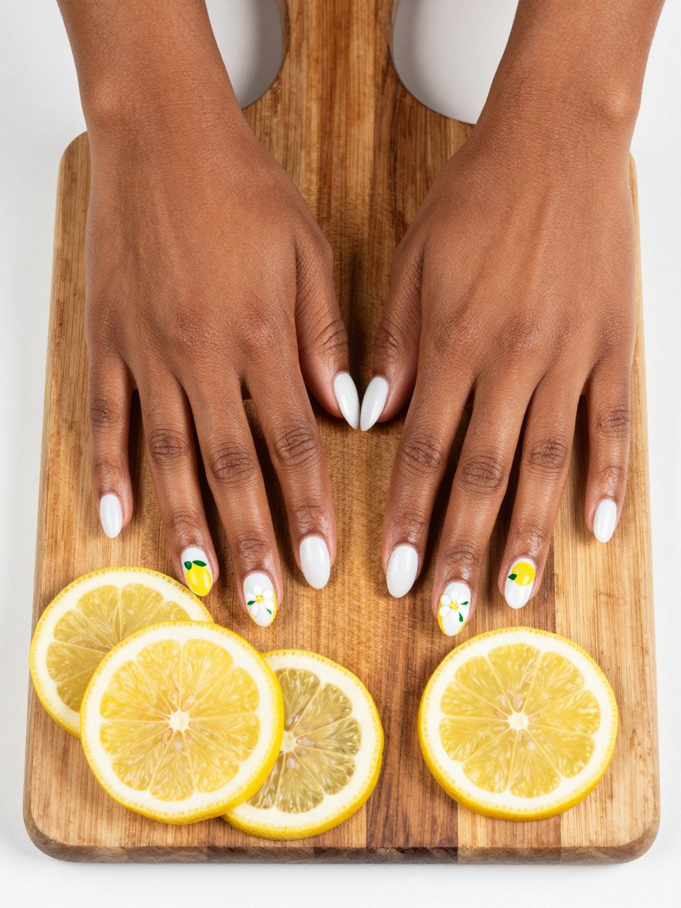 Top-down view of black woman hands with oval nails on a rustic wooden cutting board with real lemon slices design on the nails. Some nails feature painted lemon slices, others have tiny lemon blossoms. The nails are glossy white. The light is bright and kitchen-friendly.
