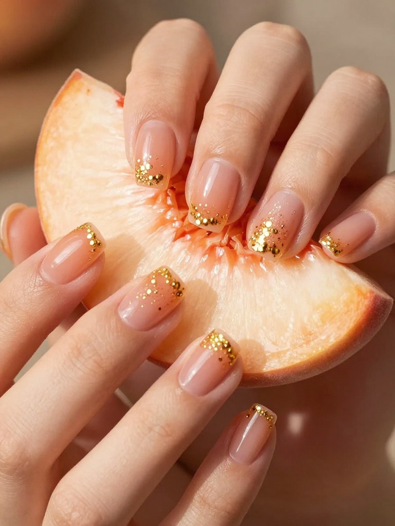 Close overhead view of hands holding a slice of fresh peach. The nails are very short and rounded with a sheer, glossy peach base. A sprinkling of minute gold dots is concentrated near the free edge of each nail. The warm, natural light enhances the golden glow.