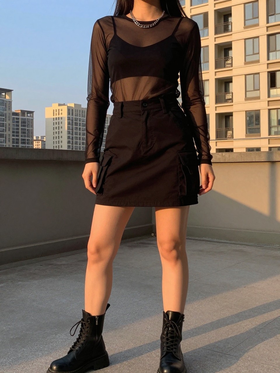 Photo of a woman wearing a sheer black mesh long-sleeve top over a black cami tucked into a black cargo mini skirt with chunky black combat boots and silver chain necklaces, standing in an edgy night-out pose, cropped at NECK so face doesn't show, in a city apartment, evening golden hour, iPhone photo quality.