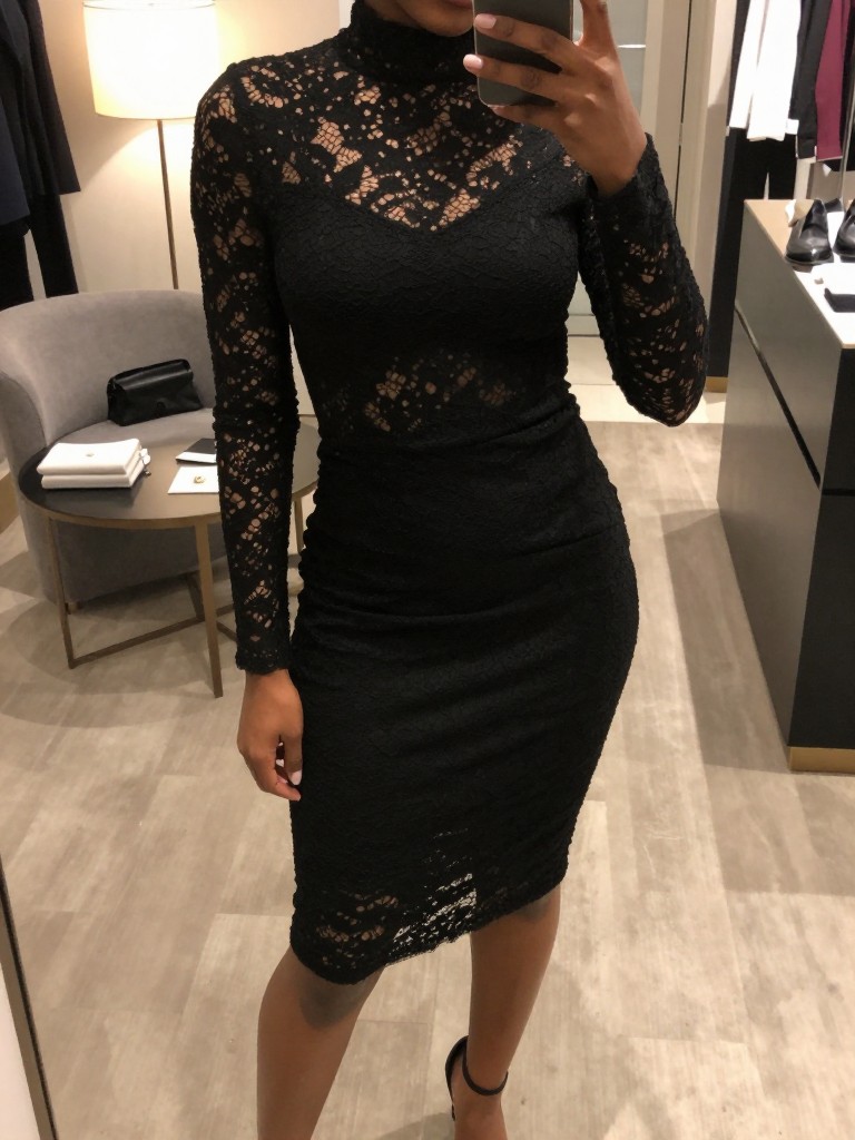 selfie of a black woman in a black high-neck lace dress, focusing on the detail of the ankle-strap heel against the floor, cropped at mid-shin, in a boutique hotel room with soft lamp light, iPhone photo quality.