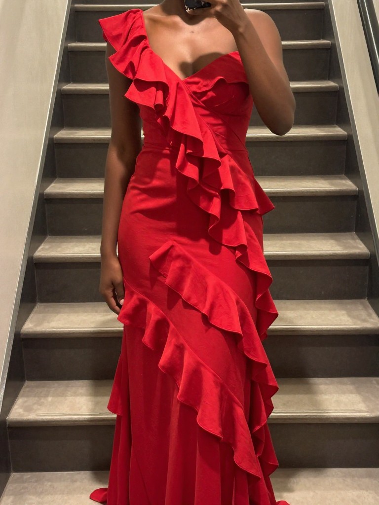 mirror selfie of a black woman in a fiery red asymmetric ruffle gown, capturing the sweep of the fabric, face not shown, cropped at collarbone, in a dramatic staircase setting, iPhone photo quality.