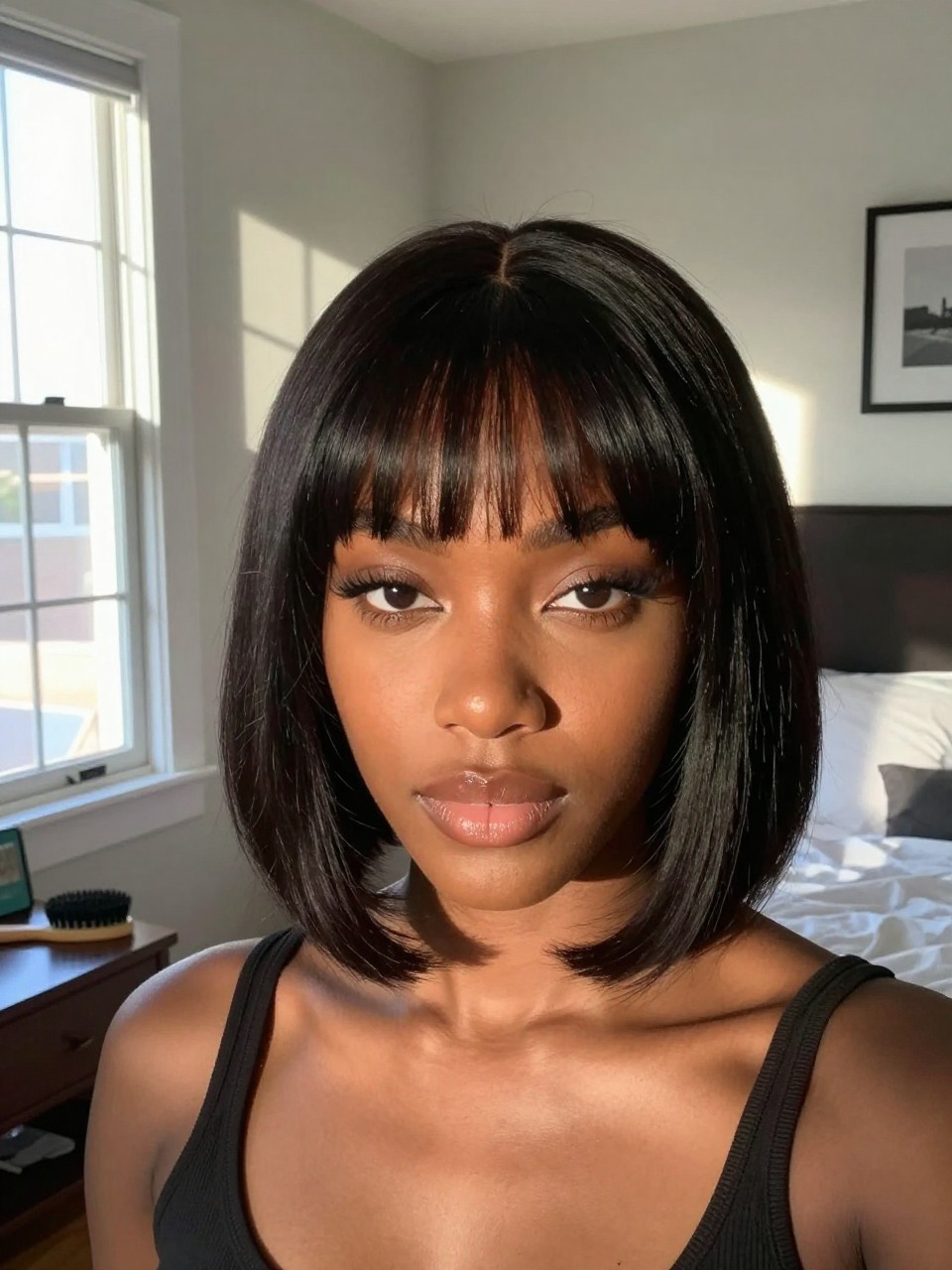 Photo of a black woman wearing a layered bob with blunt bangs, front-facing view showing the bangs sitting above her eyebrows, setting is a sun-drenched bedroom with window light, containing a small round brush on her nightstand, iPhone photo quality.