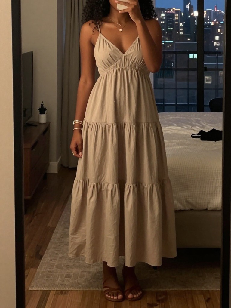 mirror selfie of a black woman in a tiered maxi dress, showcasing her sandals and bracelets, cropped at NECK so face doesn't show, in a city apartment, warm moody lighting, iPhone photo quality.