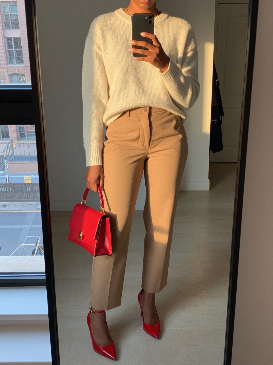 iPhone mirror selfie of a black woman in a cream sweater and tan pants with red heels and bag, one foot slightly forward showing the shoes, cropped at NECK so face doesn't show, in a city apartment during evening golden hour, iPhone photo quality.
