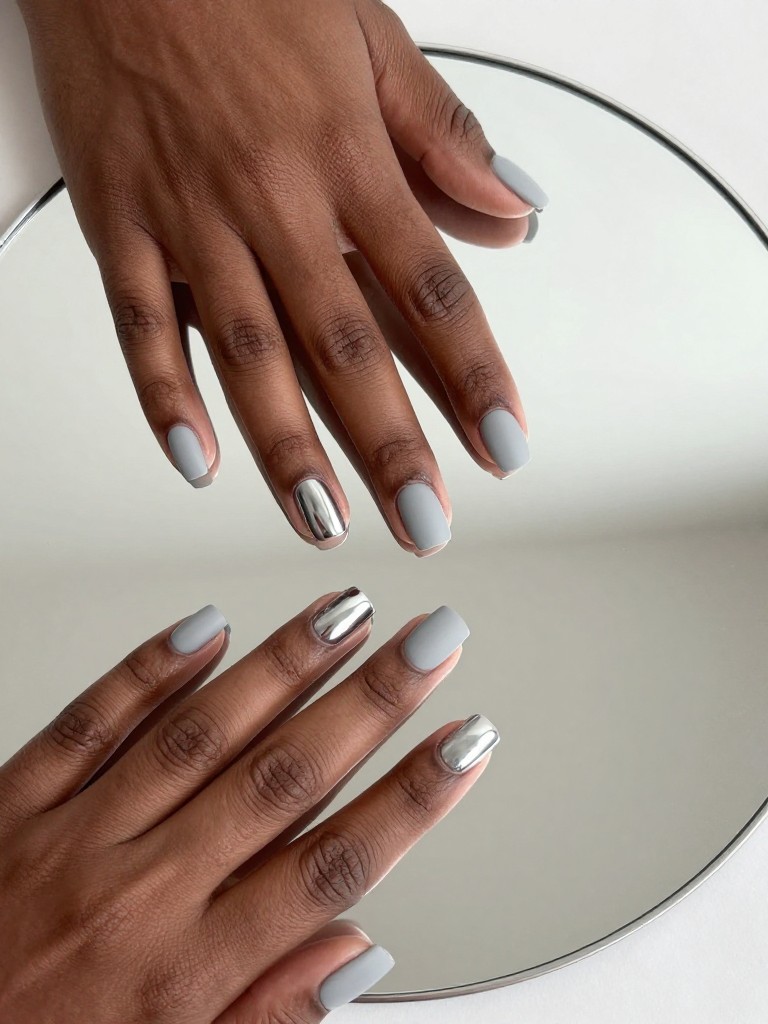 Top-down view of black hands placed on a sleek, silver-framed mirror. The nails are a short square shape. All nails are a matte light grey except the ring fingers, which are a high-shine, liquid metallic silver. The reflective surface doubles the effect under bright studio lights.