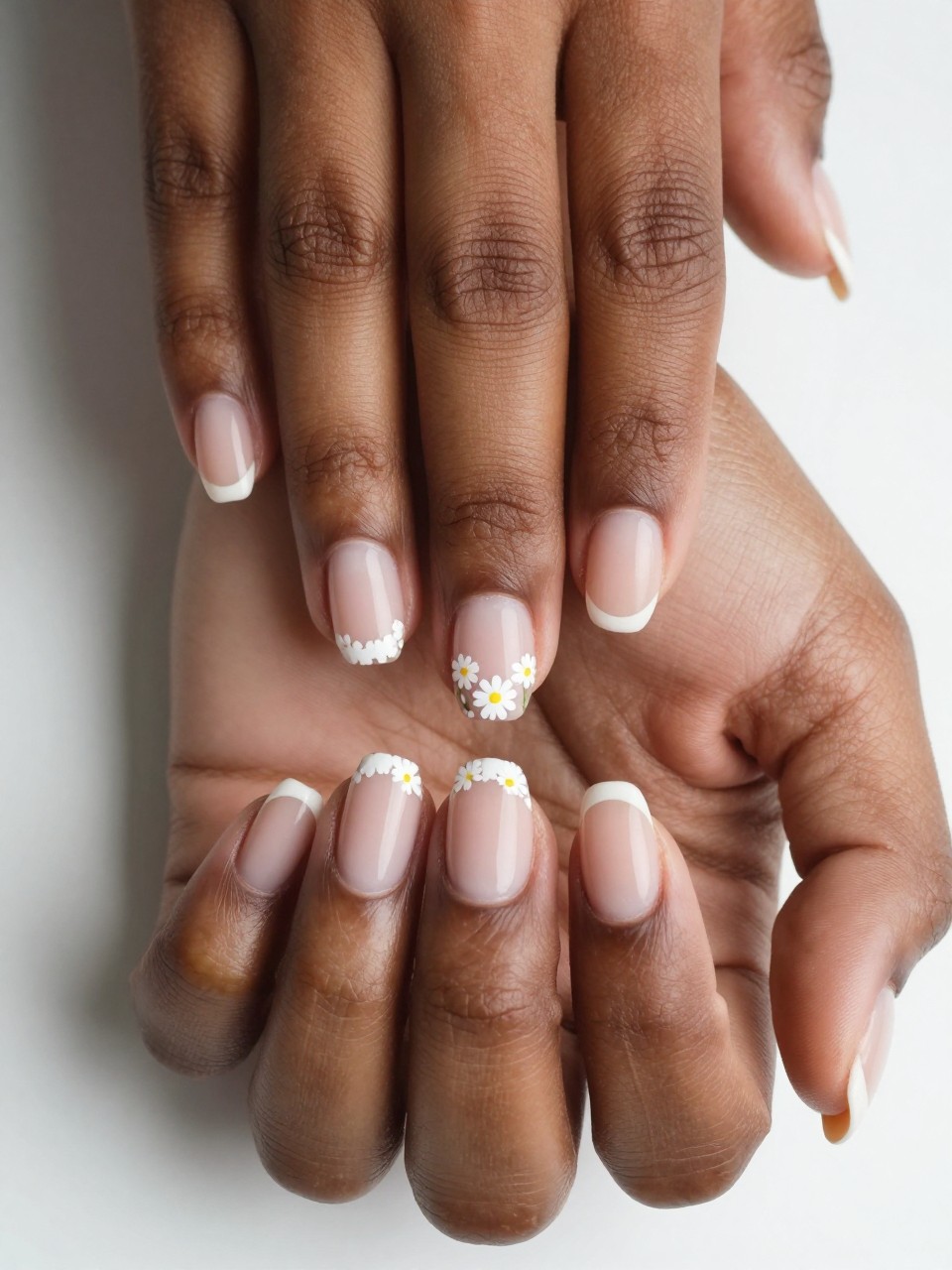 Close-up, top-down view of black feminine hands with neat, short nails. The nails have a sheer nude polish. The very tips are left bare in a clean line. Just above this bare edge, a line of tiny white daisies is painted. The design is crisp and minimalist.