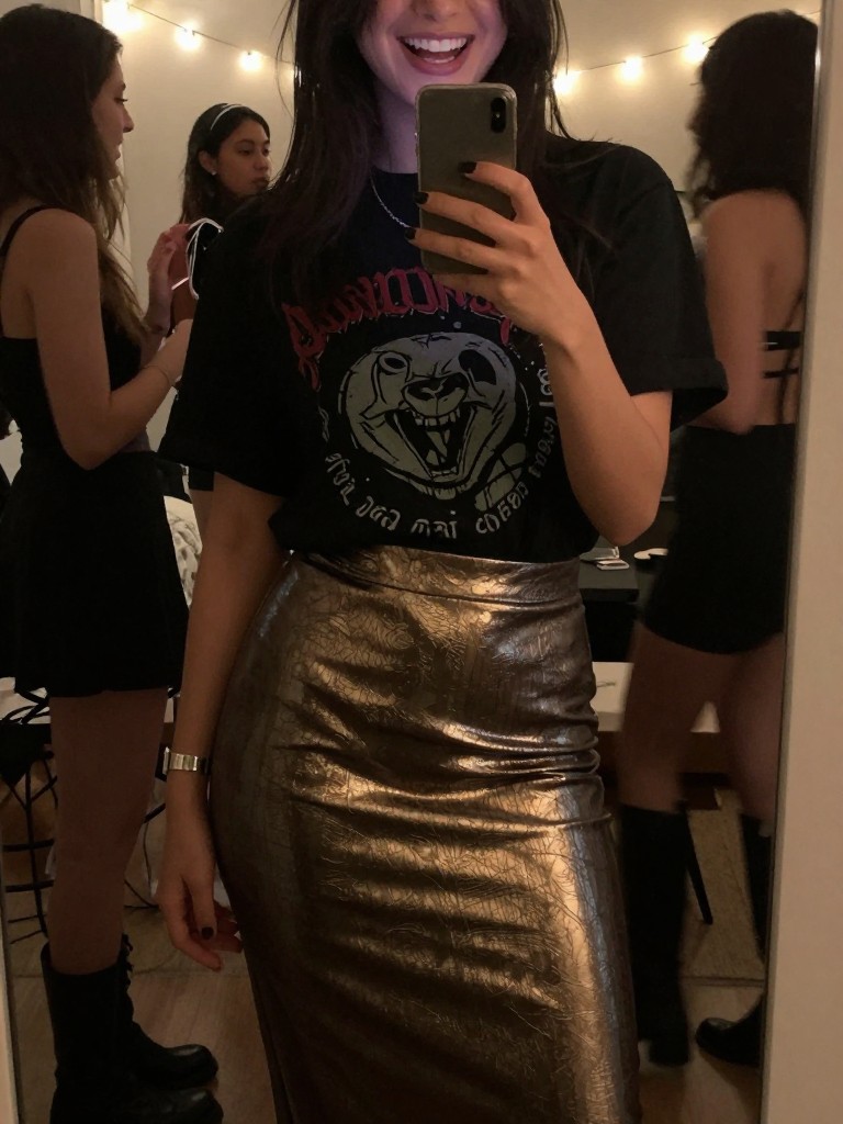 mirror selfie of a woman in a metallic skirt and graphic tee, laughing with friends out of frame, cropped at neck so face doesn't show, at a house party with string lights, warm moody lighting, iPhone photo quality.