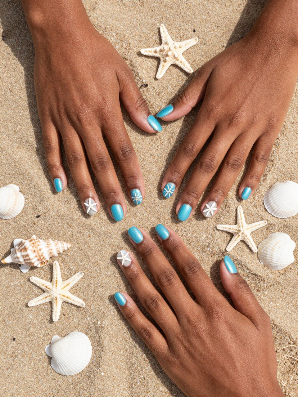 Overhead shot of black female hands with rounded nails resting on actual sand dotted with seashells. The nails are a shimmery ocean blue. Detailed white shells and simple starfish or star-flowers are painted on each nail. The light is bright and beachy.