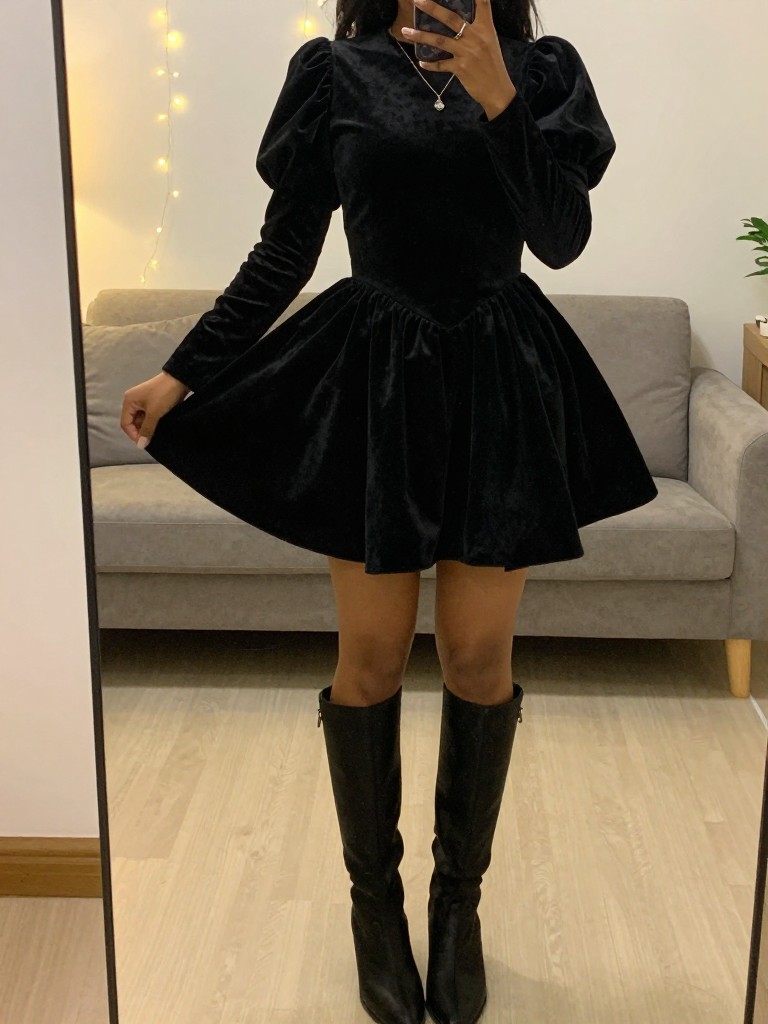 iPhone mirror selfie of a black woman in a black velvet puff-sleeve mini dress and black knee-high boots, mid-twirl, dress flowing, face not visible, in a living room with string light ambiance, iPhone photo quality.