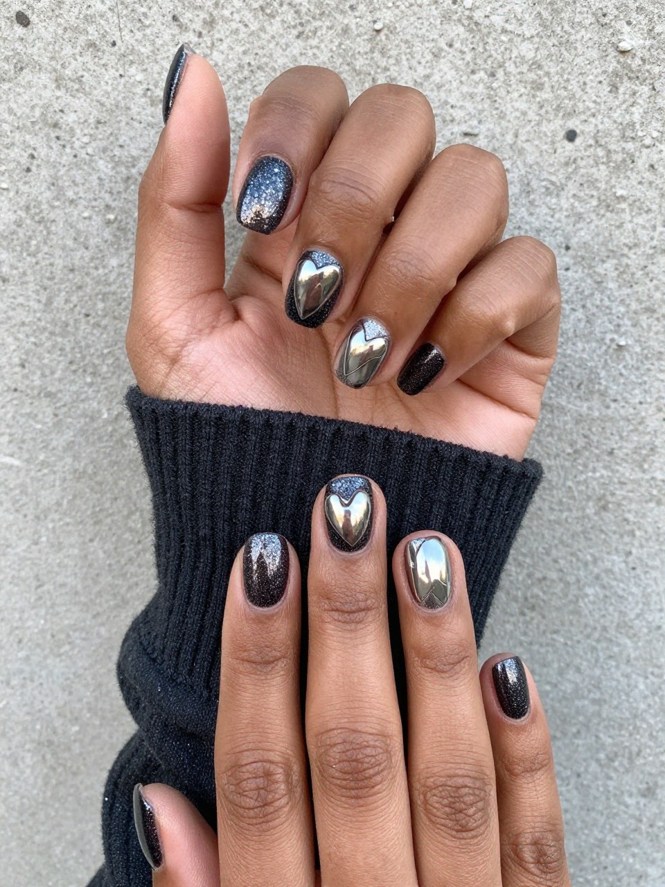Top-down view of black feminine hands with rounded nails. The base is a textured mix of black and charcoal glitter. A single, large, flawless chrome heart is centered on each nail. The setting is urban, perhaps against a concrete wall.