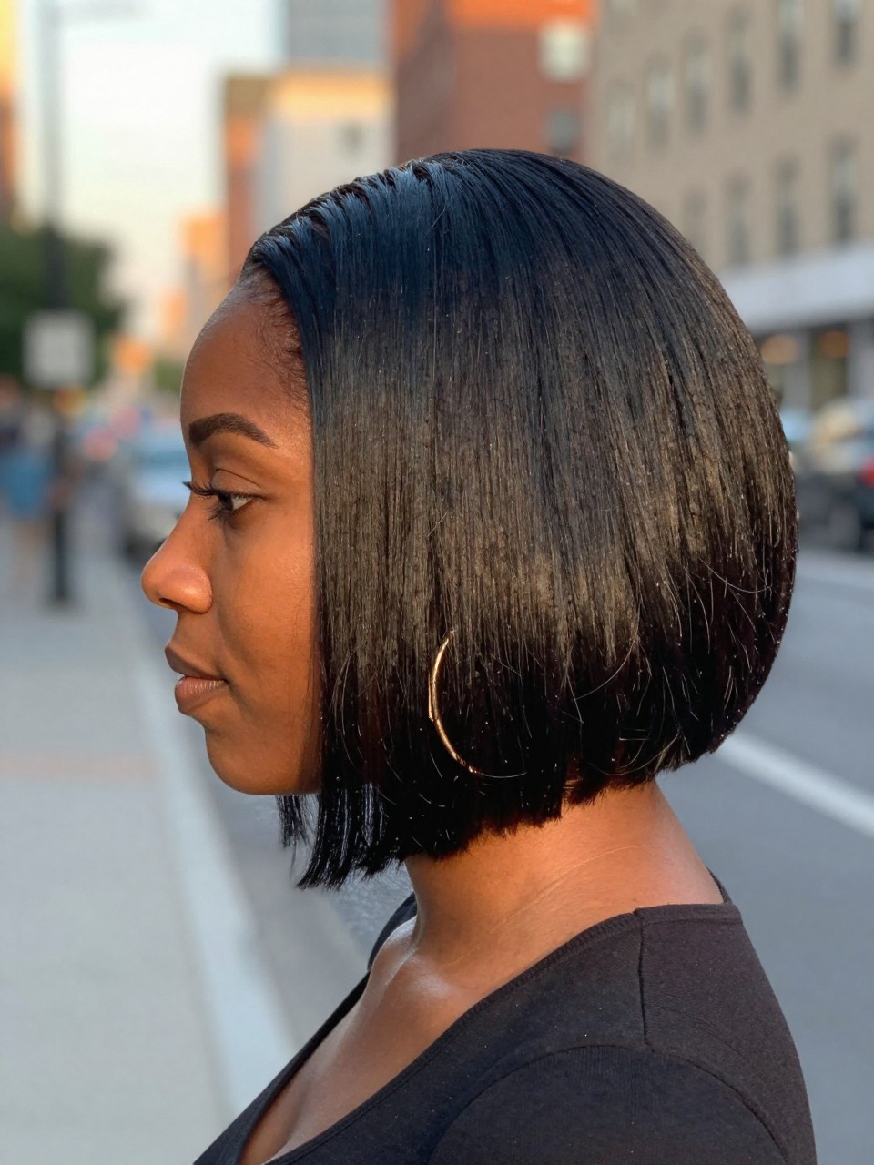 Photo of a black woman wearing a sleek inverted bob, side profile view showing the stacked back and longer front, setting is a blurred city street background, golden hour light, containing gold hoop earrings visible, iPhone photo quality.