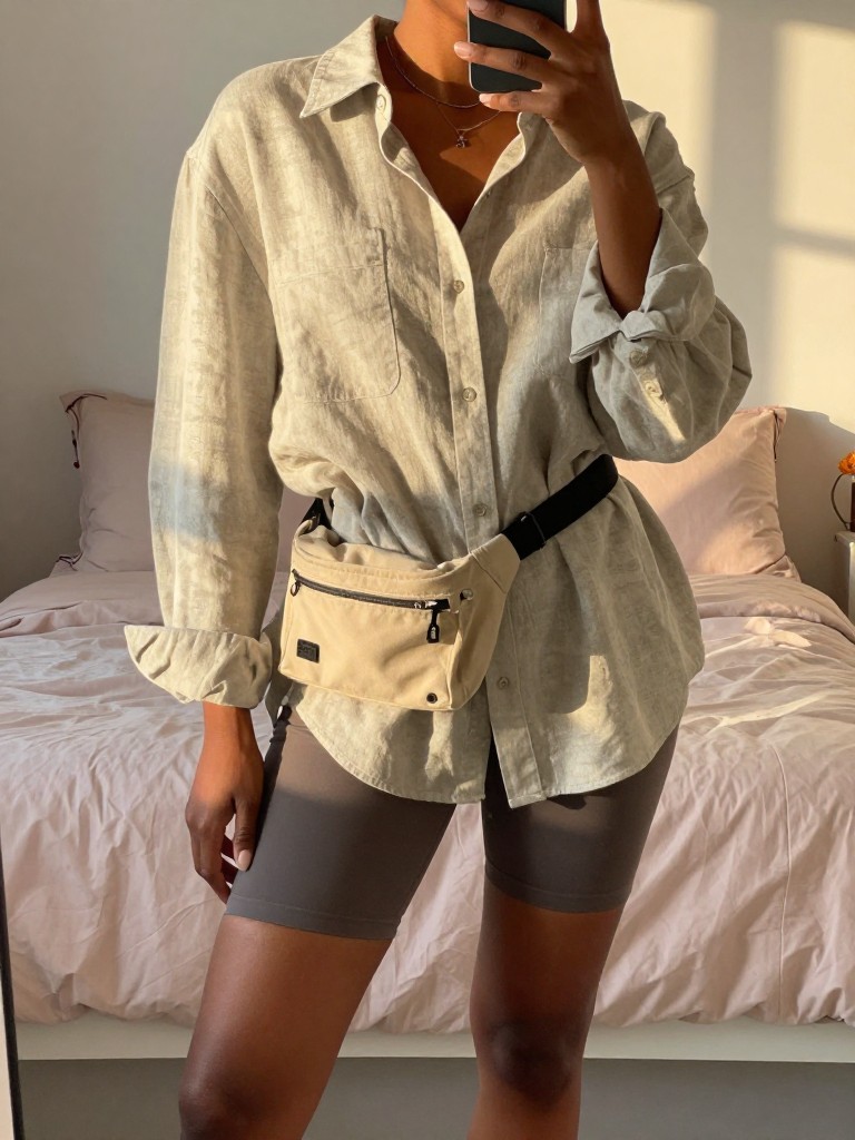Mirror selfie of a black woman in an oversized linen shirt and bike shorts, posing with hand in fanny pack, cropped at NECK so face doesn't show, in a feminine-themed bedroom, evening golden hour, iPhone photo quality.
