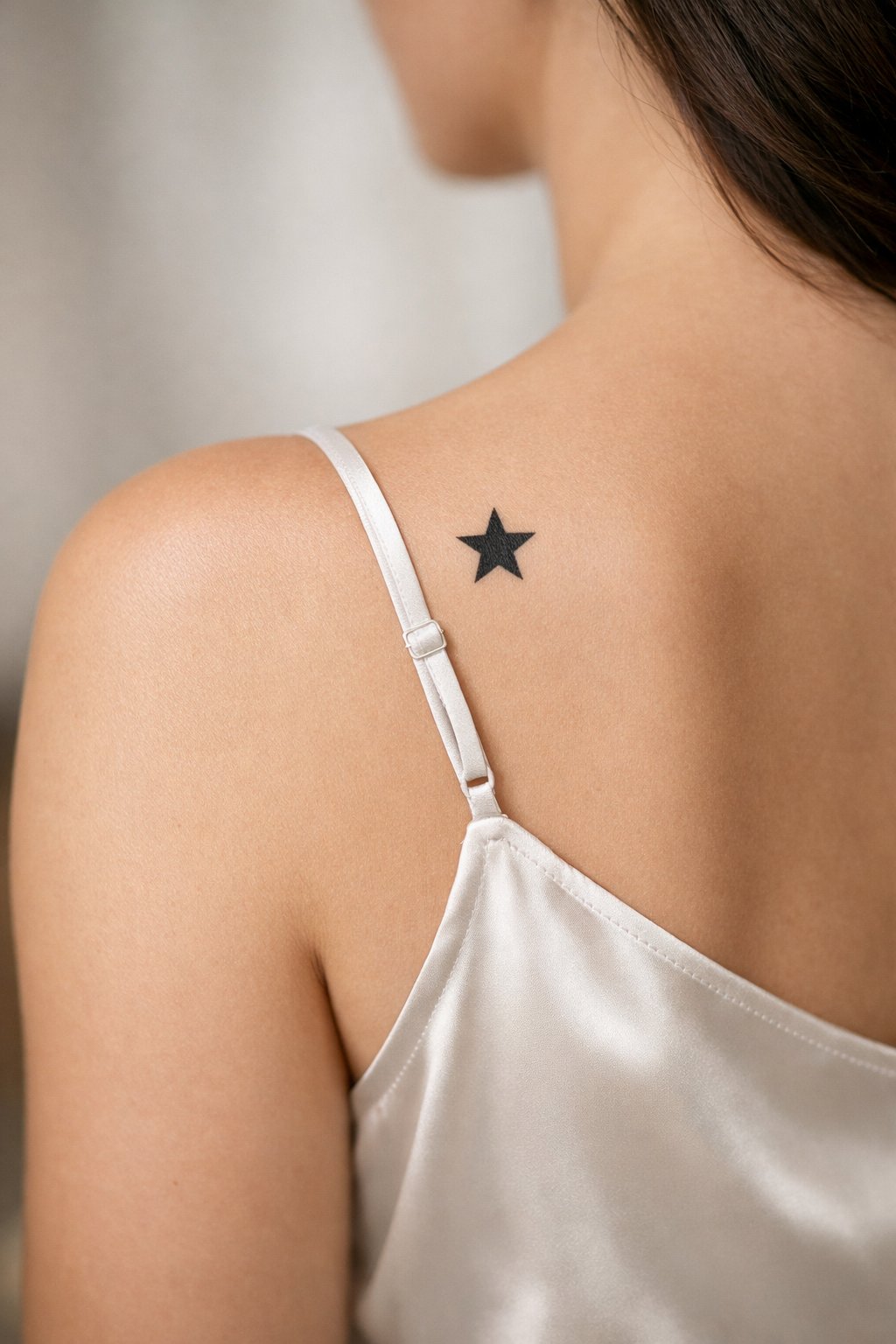 Over-the-shoulder angle: a small, solid black star tattoo visible just behind the curve of the shoulder. The strap of a silk camisole rests nearby.