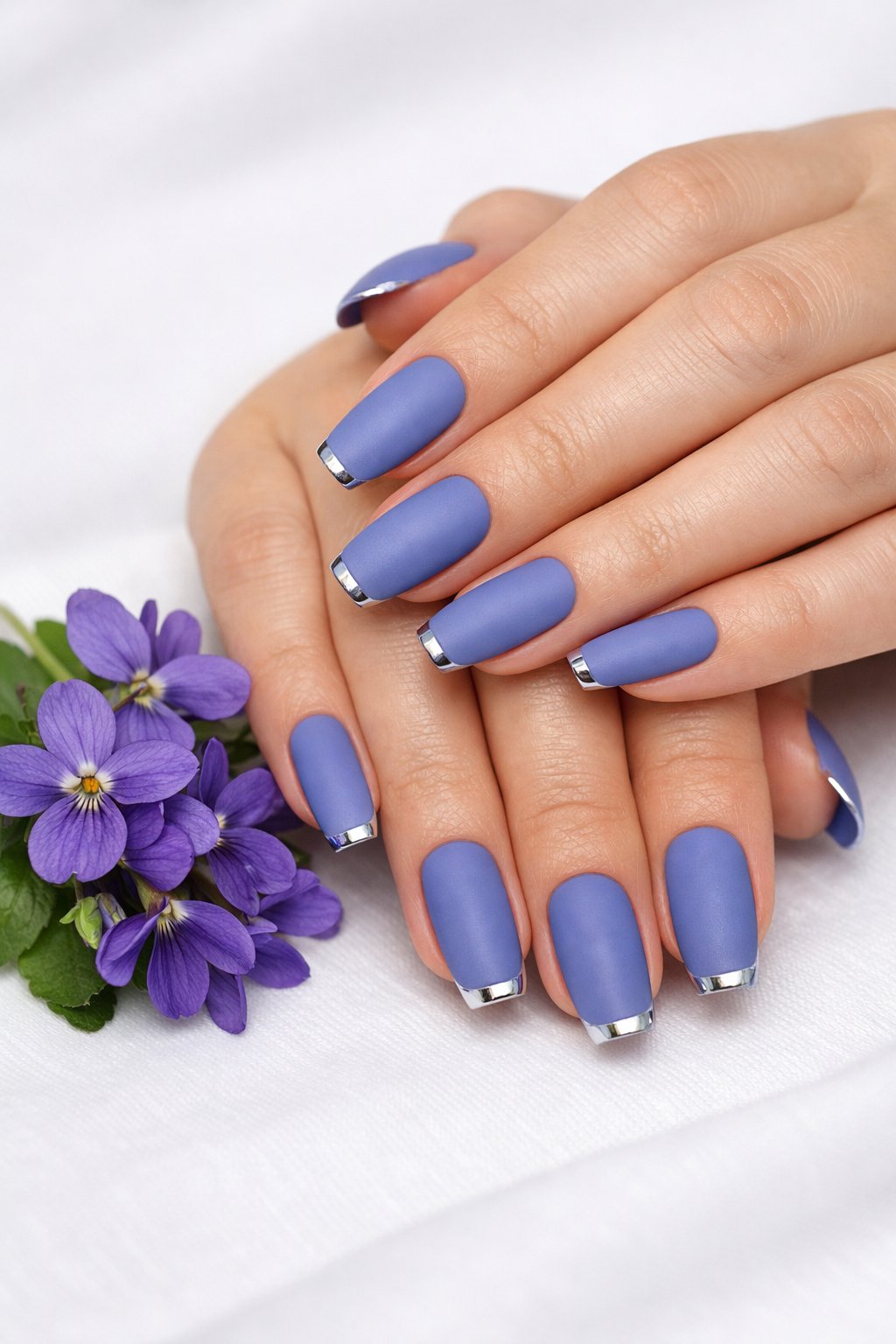 Overhead shot of hands with coffin-shaped nails next to a small bunch of violets. The nails are a matte periwinkle blue. The very edge of each nail tip is painted with a precise line of shiny silver. The lighting is clear, highlighting the metallic detail.