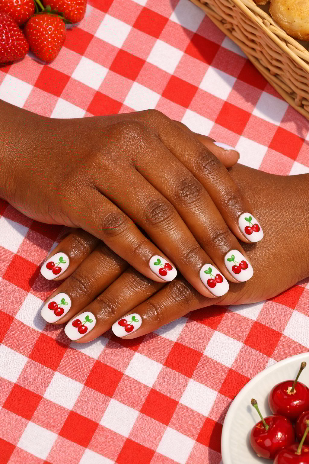 Overhead, top-down view of black feminine hands with short, rounded nails resting on a red and white checkered picnic cloth. The nails are glossy white. Each nail features one or two plump red cherries with green stems and small heart-shaped leaves. The setting is bright and cheerful.
