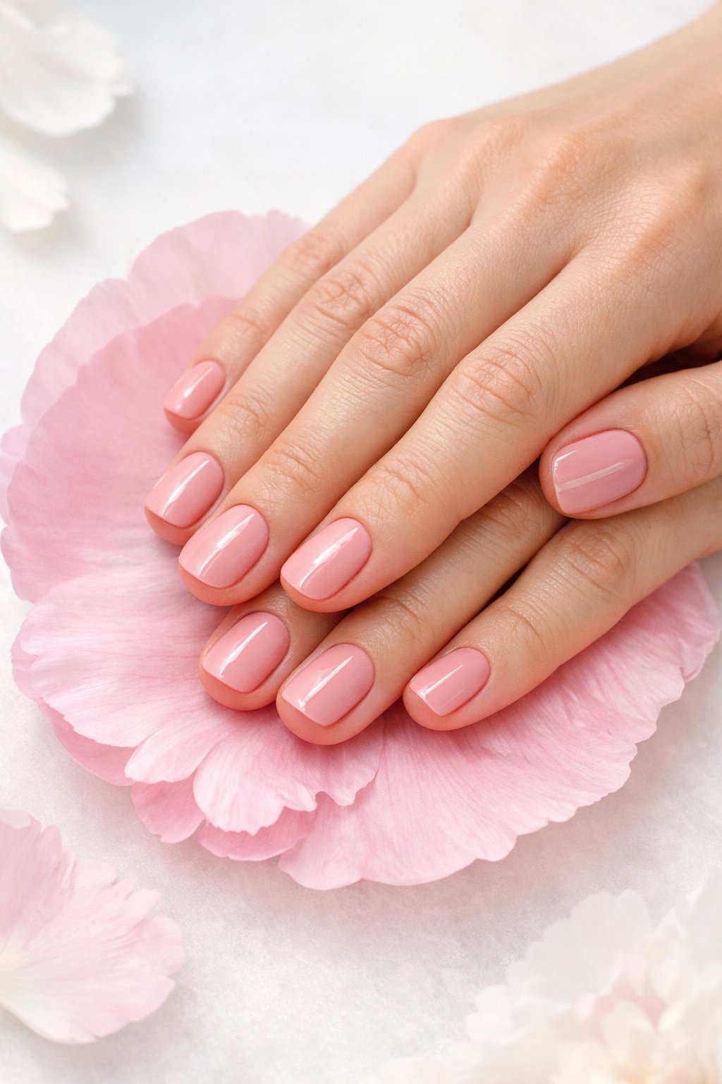 Overhead, top-down view of feminine hands with short, rounded nails resting on a pink peony petal. The nails are a soft matte petal pink. A thin, glossy clear stripe runs down the middle of each nail, catching the light. The setting is bright and airy, like a spring morning.