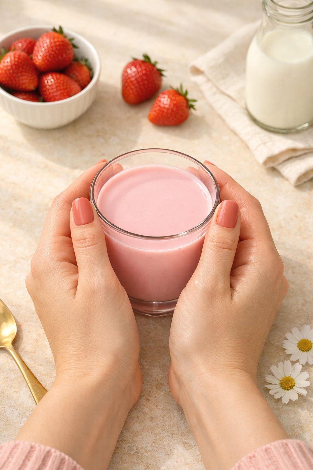 Overhead view of hands with rounded nails curled around a glass of strawberry milk. The nails are a warm, matte strawberry milk pink. The setting is a sunny kitchen counter, creating a soft, nostalgic atmosphere.