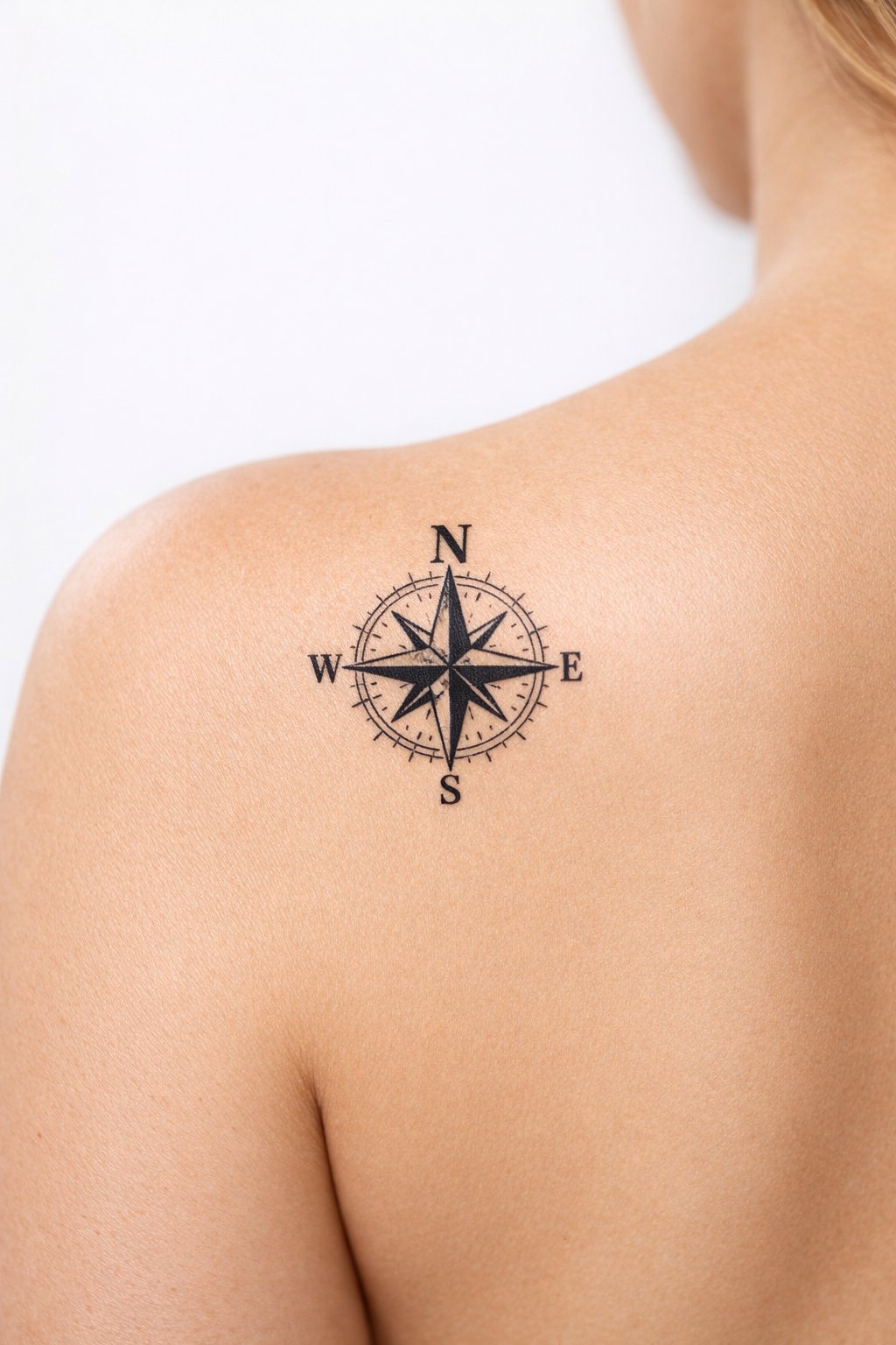 Shoulder blade focus: a finely detailed compass rose the size of a quarter. The'N' is emphasized, and the lines are crisp and precise on clean skin.