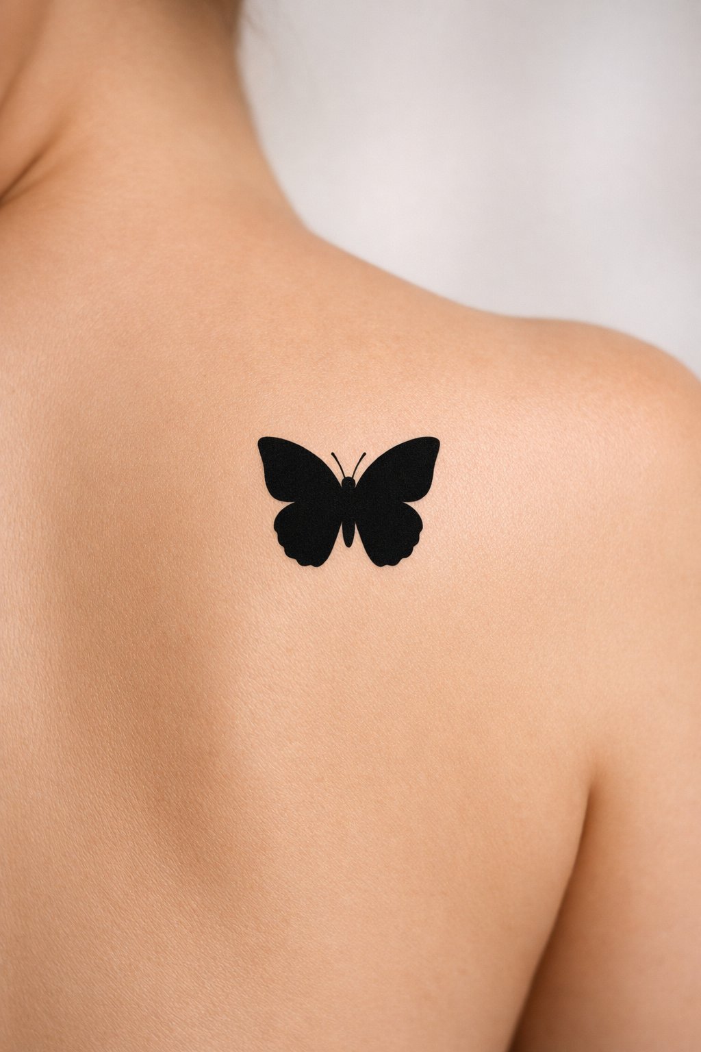 Shoulder blade shot: a solid black butterfly silhouette, wings spread, about the size of a postage stamp. The skin is bare, creating a stark, beautiful contrast.