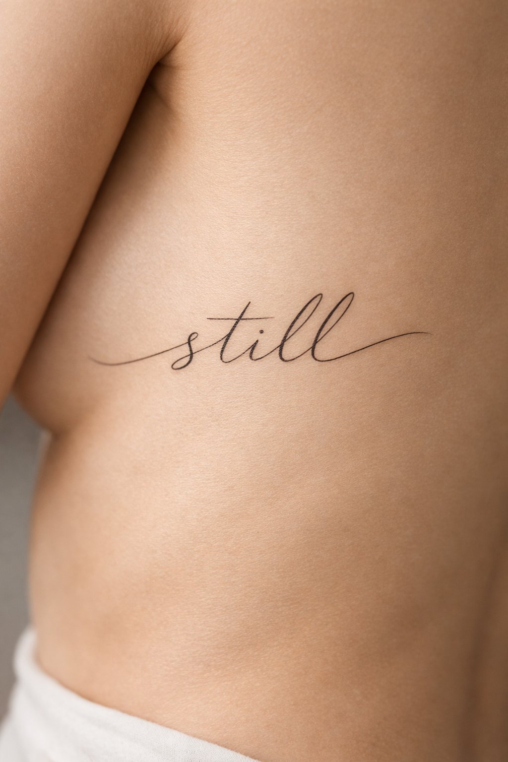 Side rib close-up: the word'still' in thin, elegant cursive following the curve of the ribs. The skin is bare, with soft shadows highlighting the script's flow."