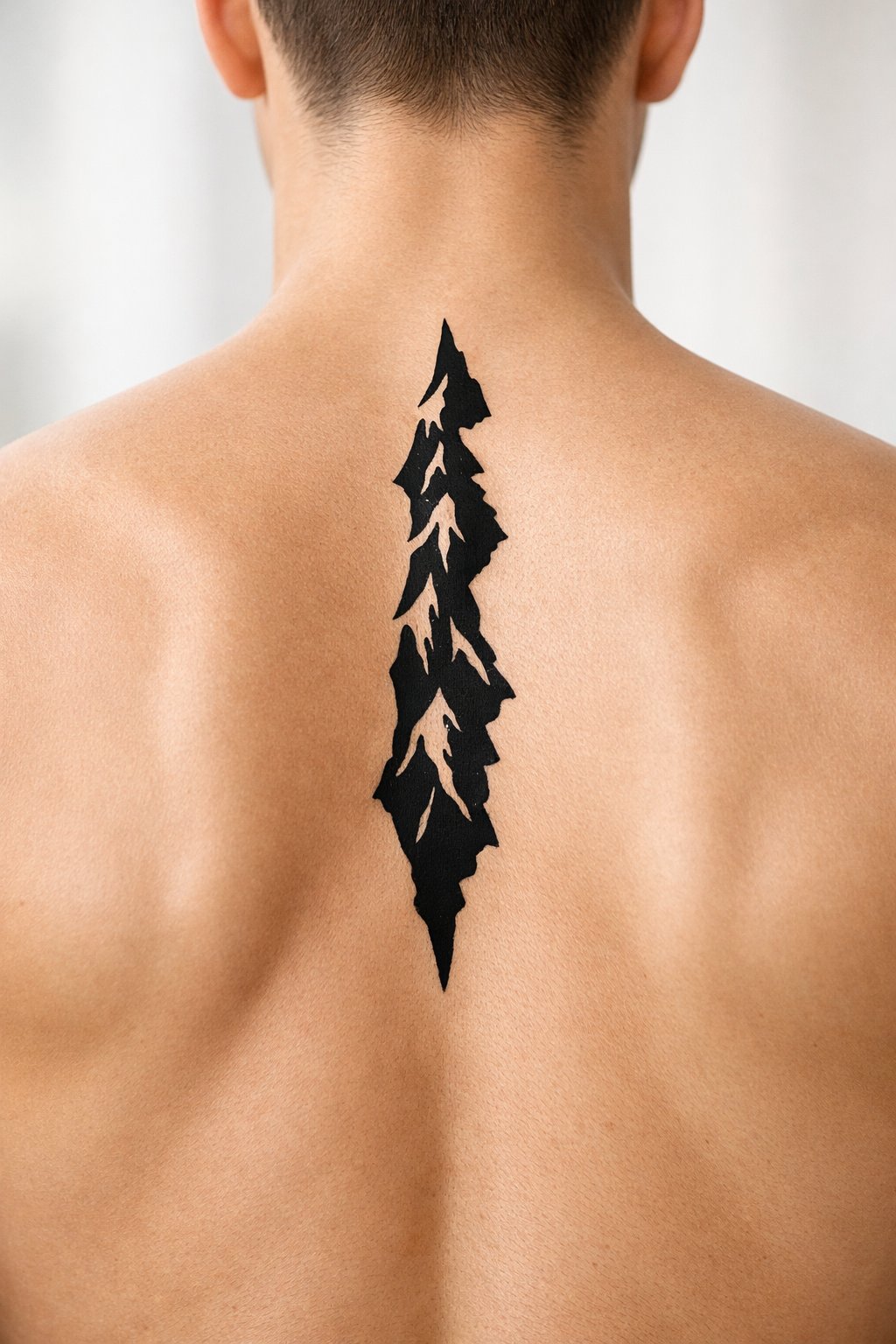 Spine alignment: a small, solid black mountain range silhouette placed vertically along the upper spine. Simple, graphic, and impactful.