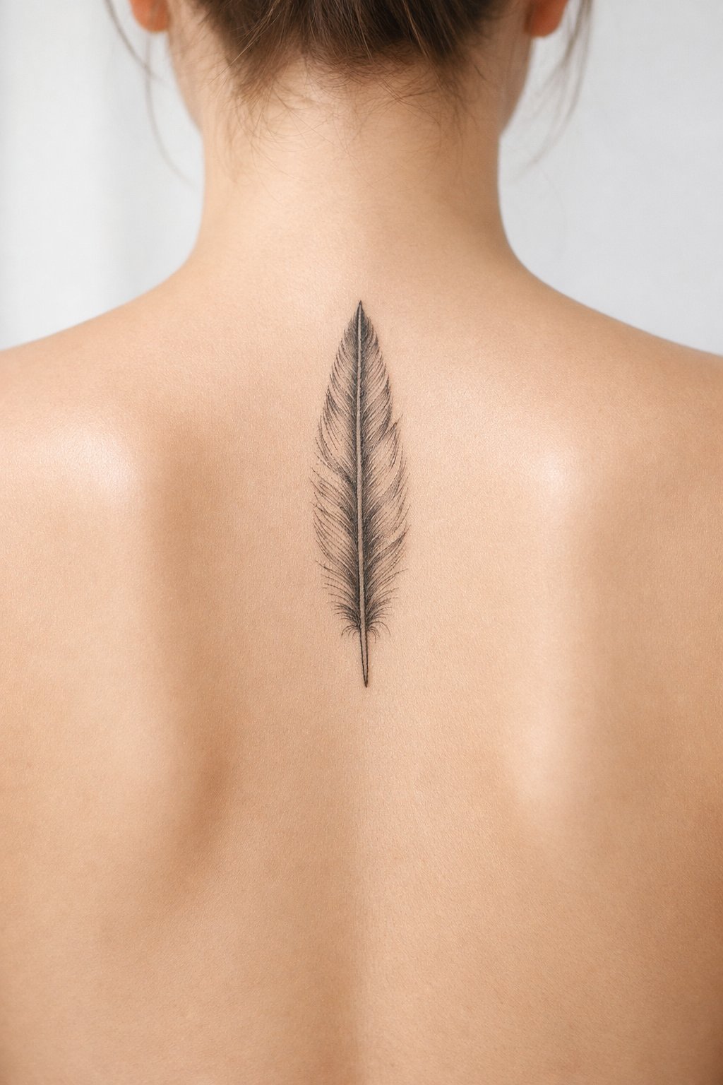 Spine detail: a fine-line feather, no longer than a finger, tattooed vertically along the vertebrae. The quill points upward, with soft shading on the barbs.