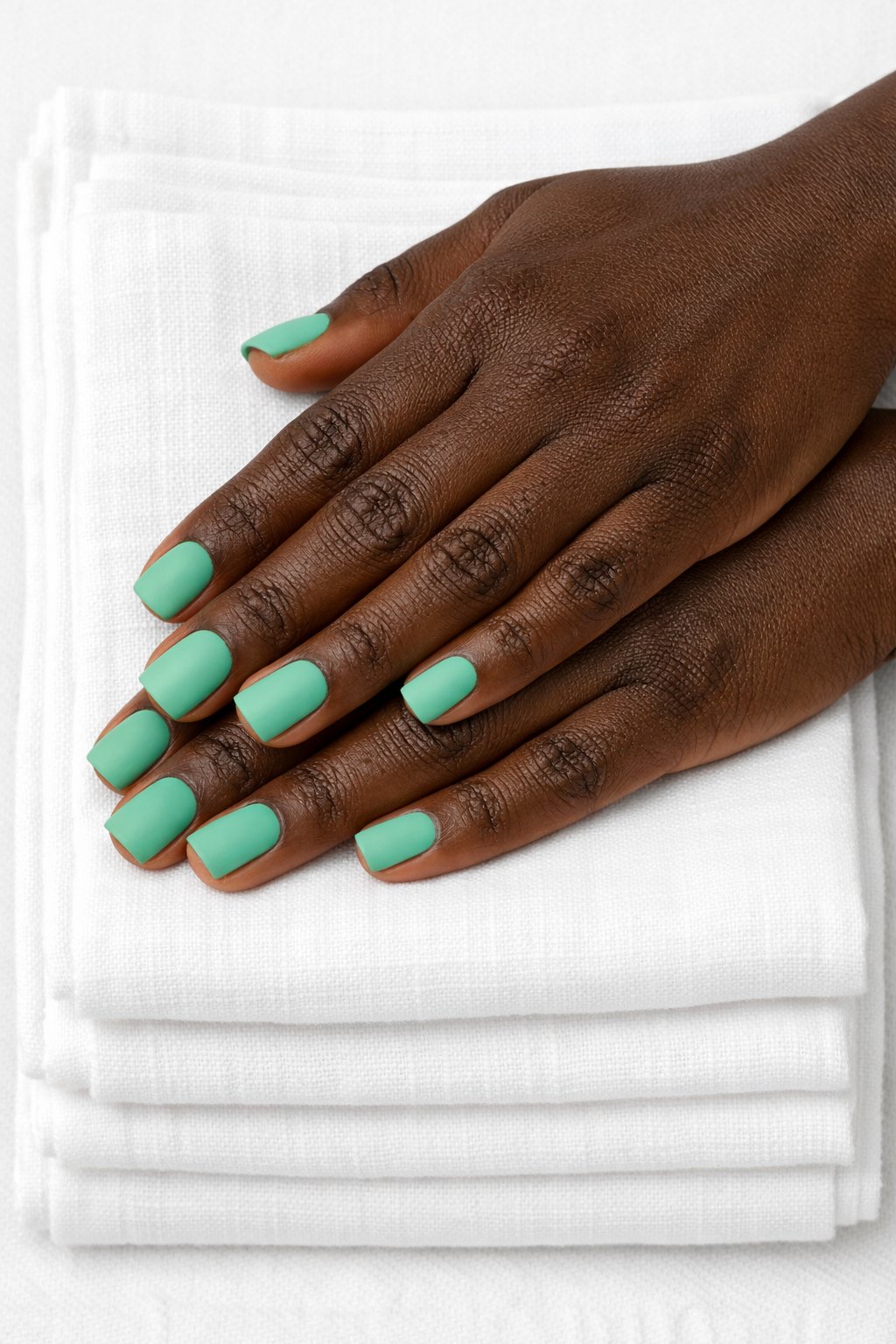 Top-down view of black hands with short, square nails placed on a stack of crisp, white linen towels. The nails are a bright, matte seafoam green. The lighting is pure and clean, making the color pop against the white fabric.