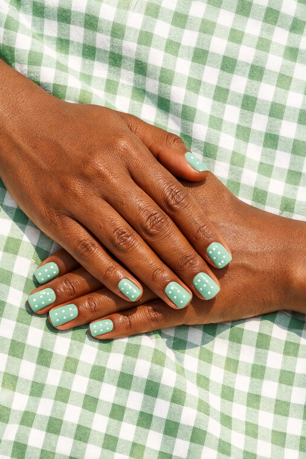 Top-down view of black hands with short, squared nails on a green and white gingham picnic cloth. The nails are a fresh matte mint green. Tiny, matte white polka dots are scattered across each nail. The scene is cheerful and bright.