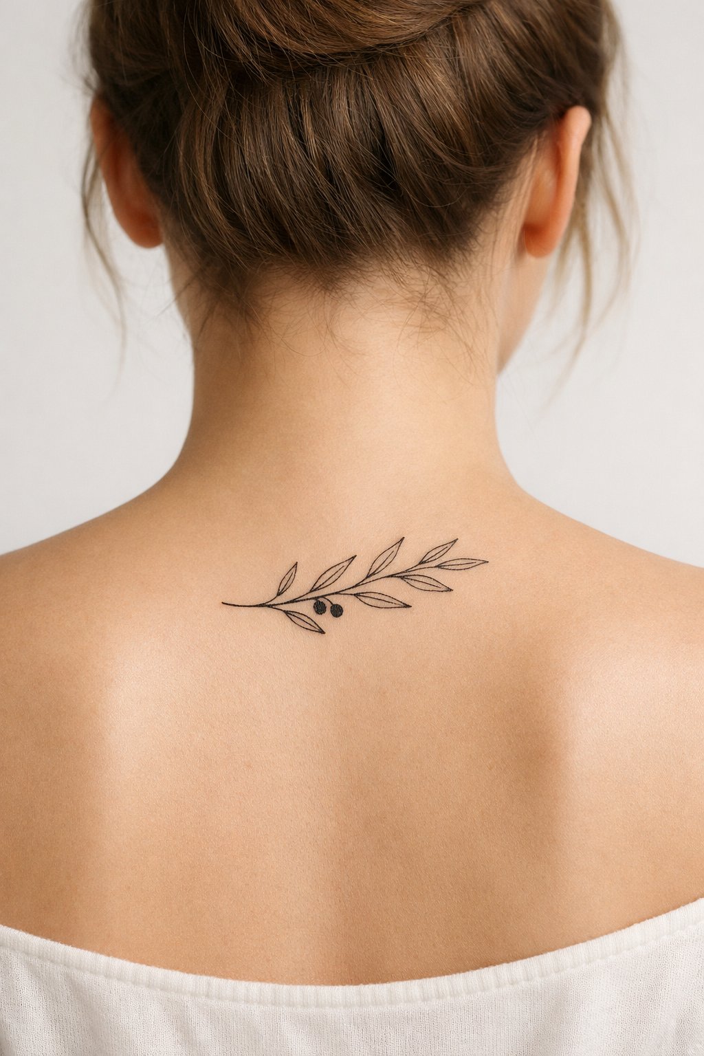 Upper back detail: a delicate olive branch sprig with a few leaves, tattooed in thin black lines. The design is simple, elegant, and slightly curved.