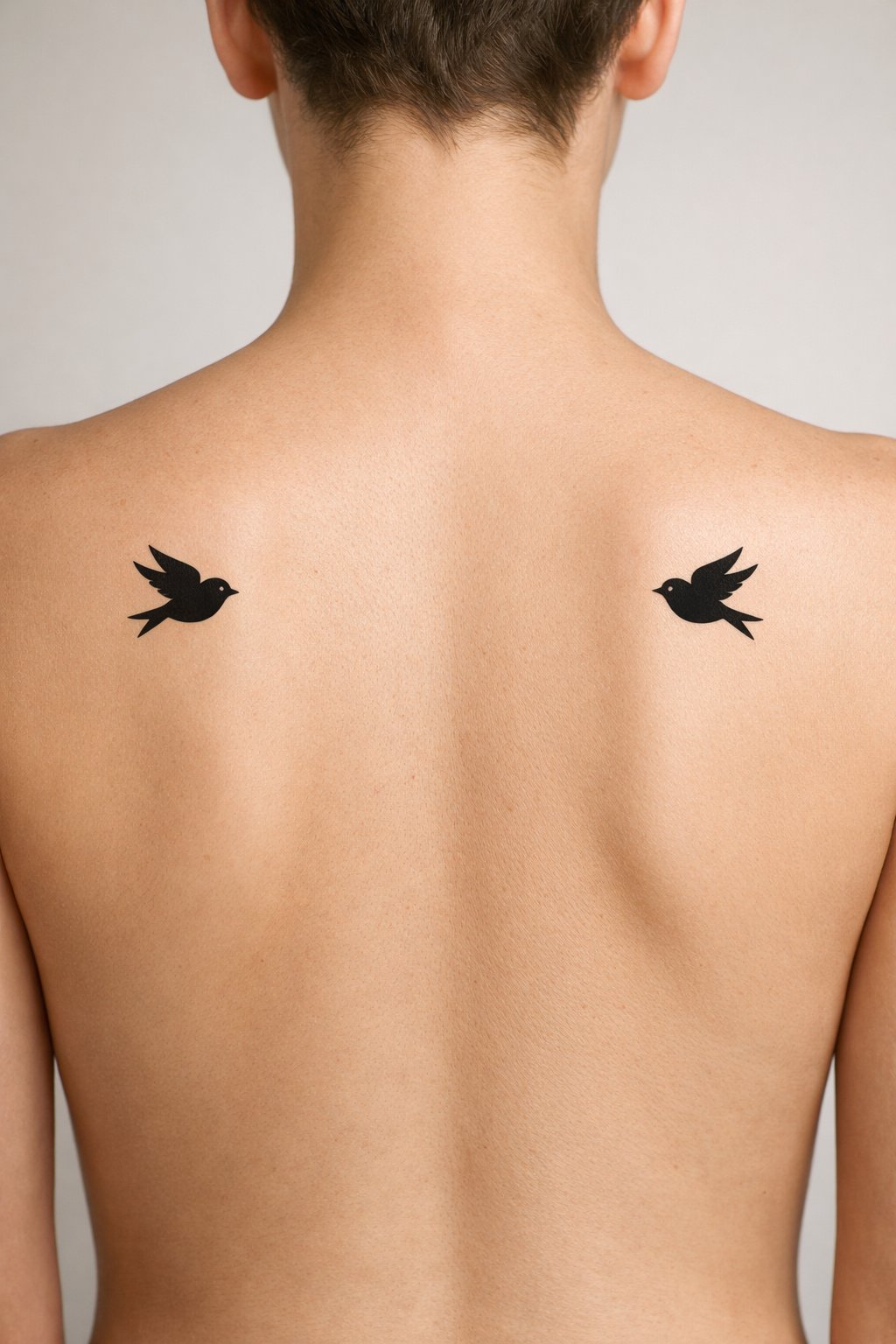 Upper back view: two tiny, solid black sparrow silhouettes in mid-flight, positioned on each shoulder blade as if converging toward the spine. Clean, unadorned skin between them."