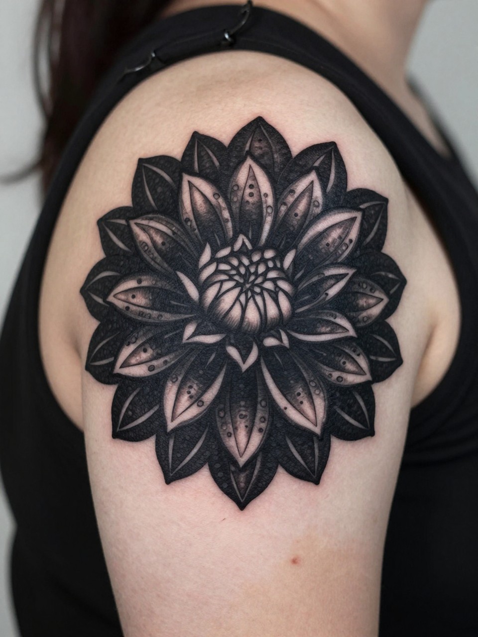 Shoulder blade focus tattoo: a solid black dahlia with intricate patterns cut out in negative space within the petals. High-contrast and dramatic, covering most of one shoulder blade."