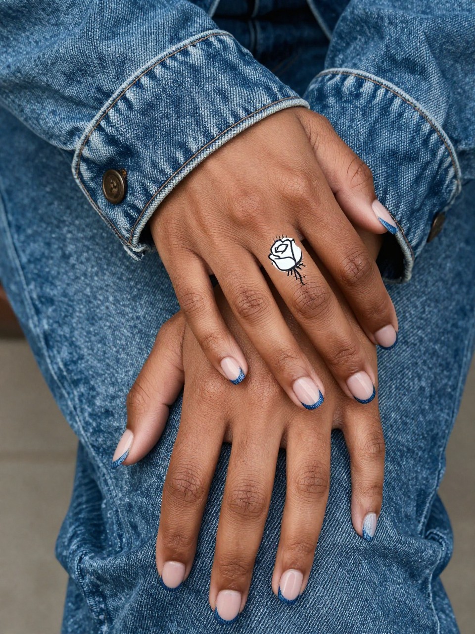 Top-down view of black feminine hands with short nails resting on a denim jacket cuff. The nails have denim blue French tips. A small white rose with black “stitch” outlines is painted on the nude base. The style is cool and effortless.
