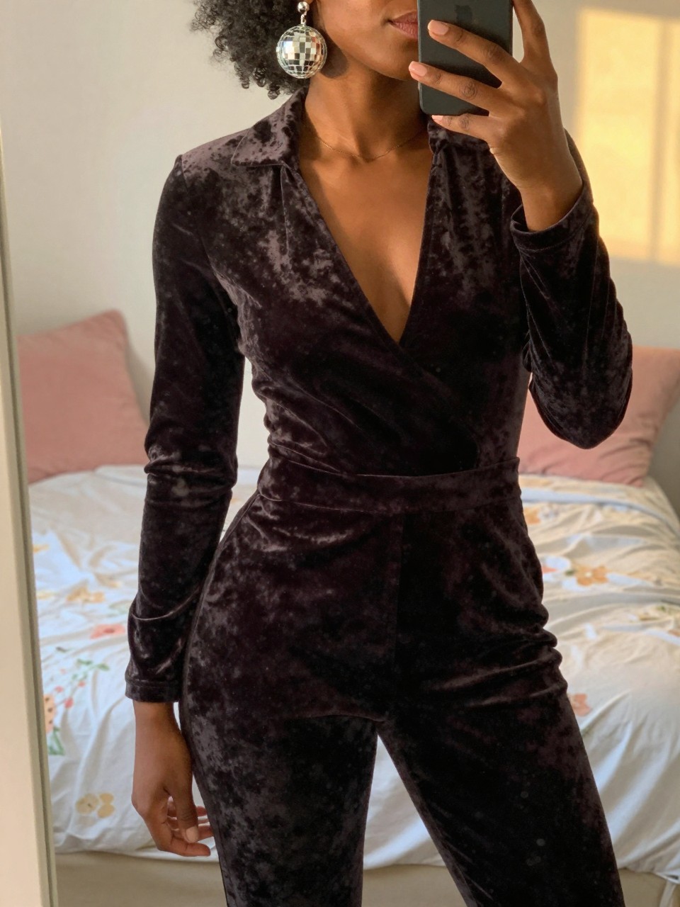 mirror selfie of a black woman in a velvet jumpsuit, touching her disco ball earring, cropped at NECK so face doesn't show, in a feminine-themed bedroom, evening golden hour, iPhone photo quality.