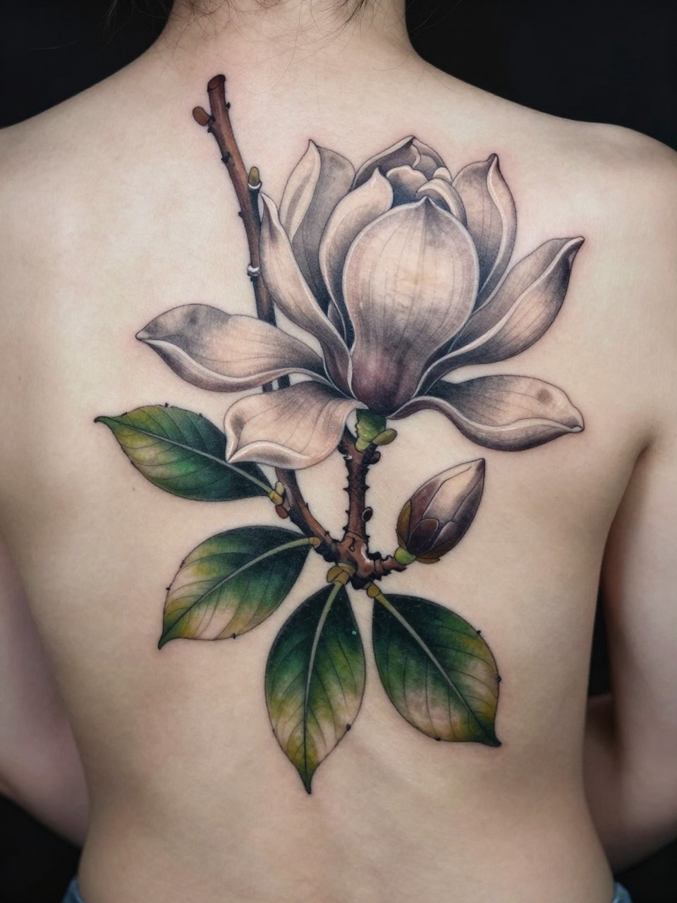 Diagonal back composition tattoo: a magnolia branch with two large blooms and a velvety bud. The petals are shaded in soft greys with hints of ivory, the leaves are a deep, glossy green."
