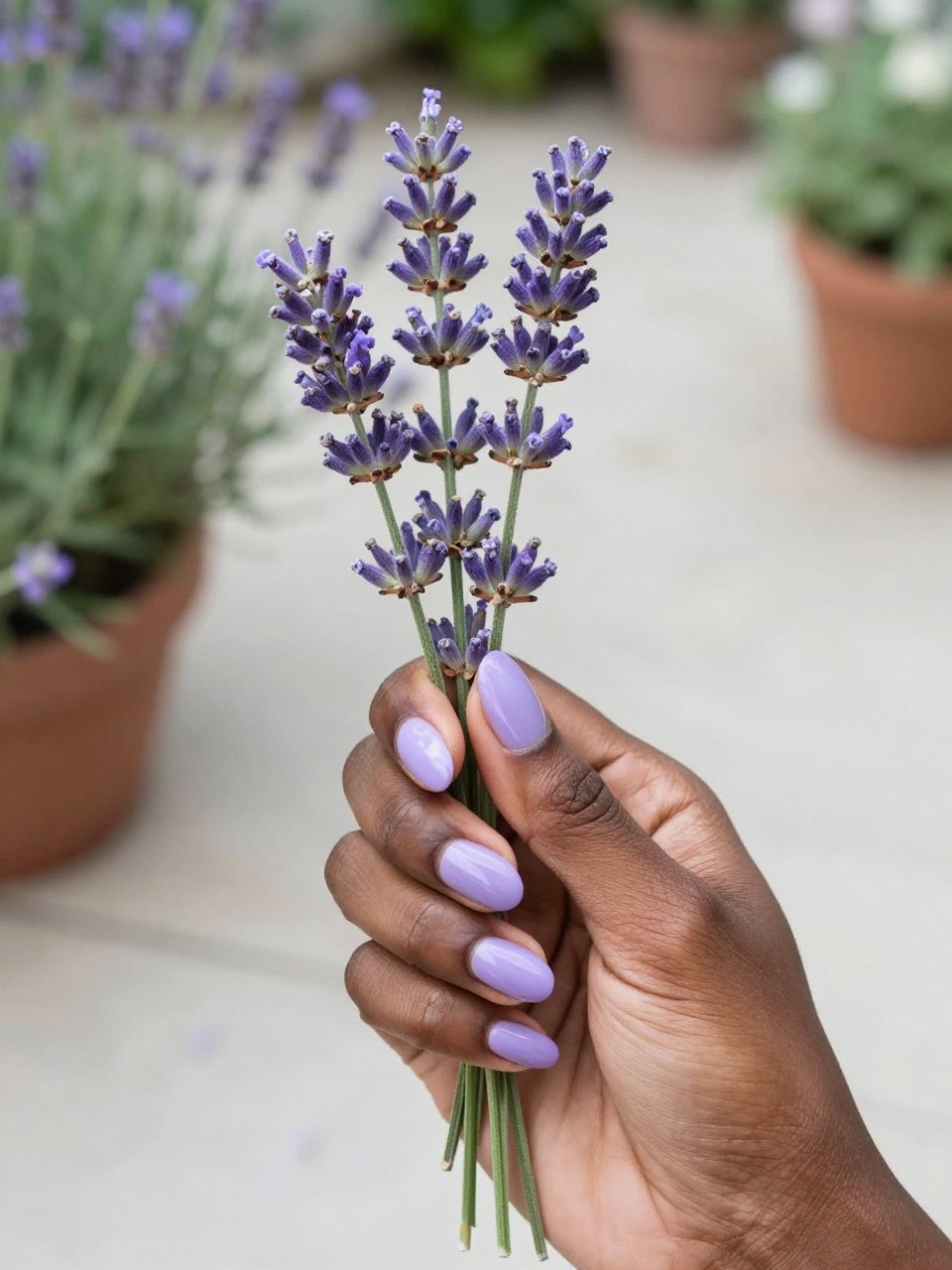 Top-down view of black feminine hands gently holding a sprig of fresh lavender. The nails are a medium coffin shape. The ombré blends from a solid pastel lavender at the cuticle to a whisper of lilac at the tip. The setting is a bright, airy garden patio, with natural light illuminating the subtle color shift.