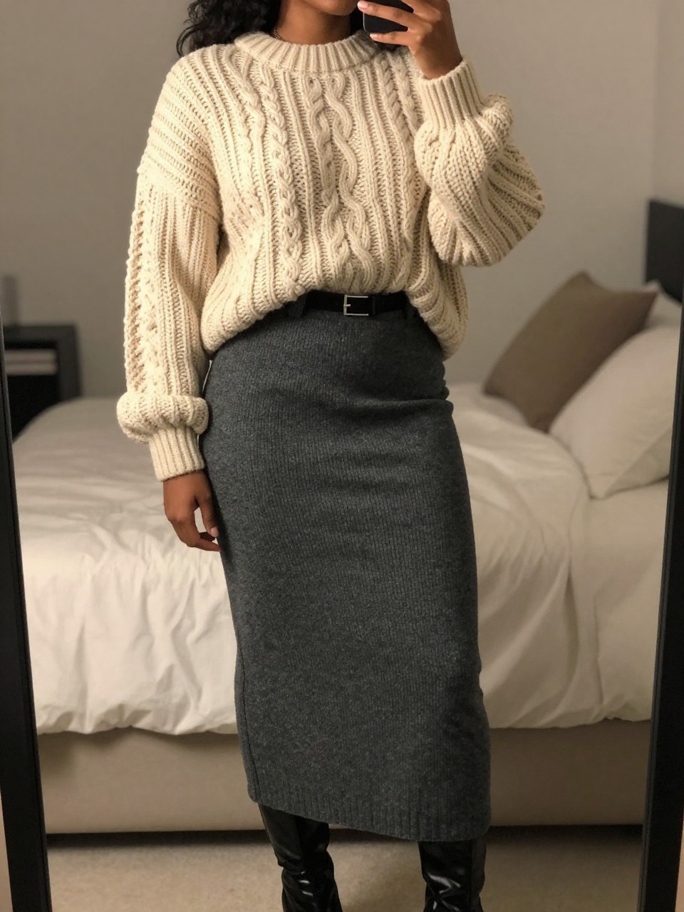 mirror selfie of a curvy black woman wearing an oversized cream chunky cable-knit sweater loosely tucked into a charcoal grey knit maxi skirt with black leather knee-high boots and a thin black belt at her waist, standing in a cozy winter pose, cropped at NECK so face doesn't show, in a feminine-themed bedroom, warm moody lighting, iPhone photo quality.