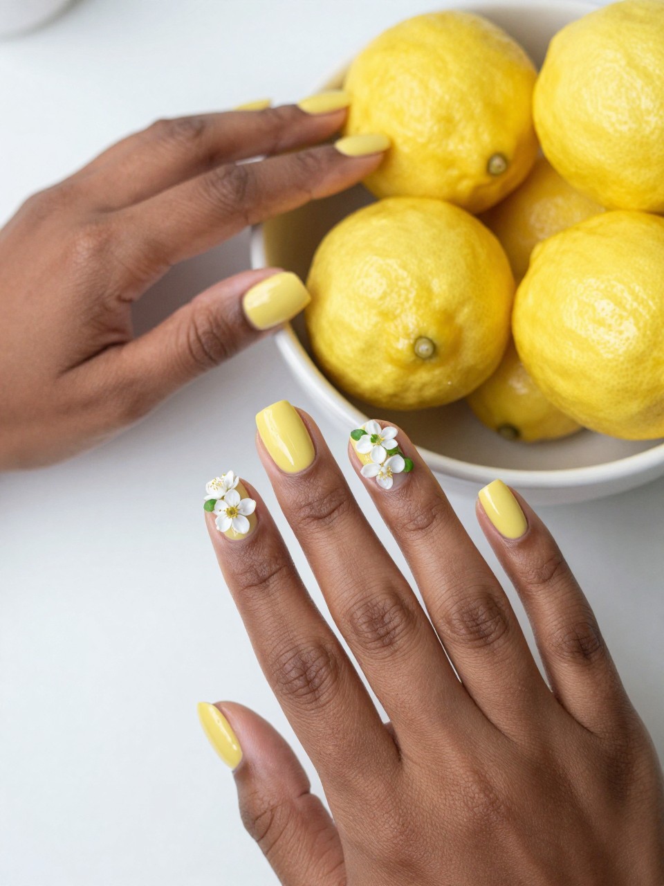 Close-up, overhead view of black feminine hands with rounded nails next to a bowl of lemons. The nails are a glossy lemon yellow. Delicate white citrus blossoms with micro green leaves are scattered on each nail design. The light is bright and kitchen-clean.