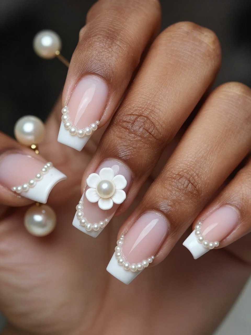 Macro focus on a black feminine nail. The white French tip is lined with a row of micro pearls. On the sheer pink base, a white flower has a single pearl center. The bride’s pearl earrings are visible, matching the manicure.