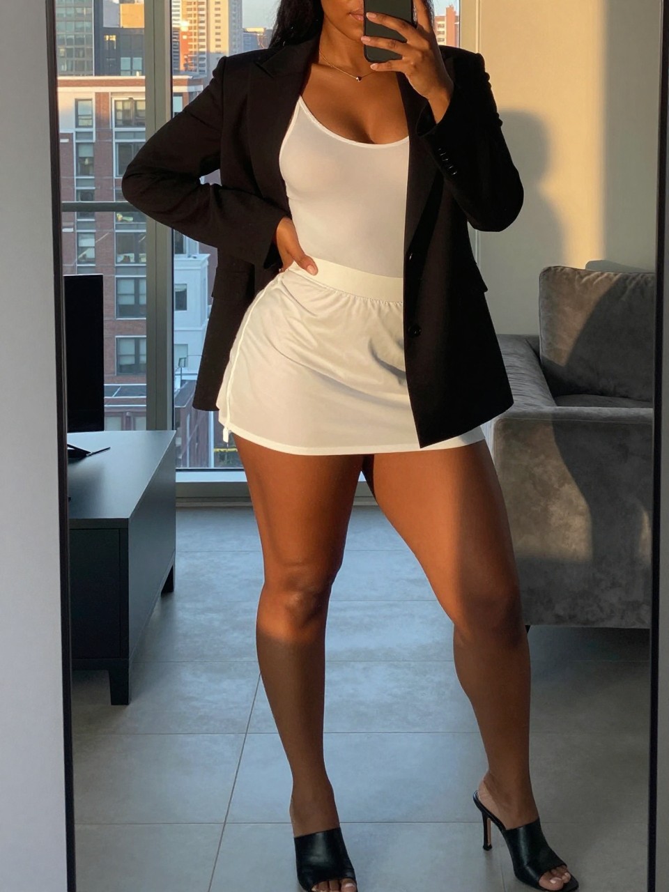 mirror selfie of a curvy black woman wearing a fitted black blazer over a white bodysuit with a white tennis skirt and black heeled mules, one hand on her hip holding her phone, cropped at NECK so face doesn't show, in a city apartment, evening golden hour, iPhone photo quality.