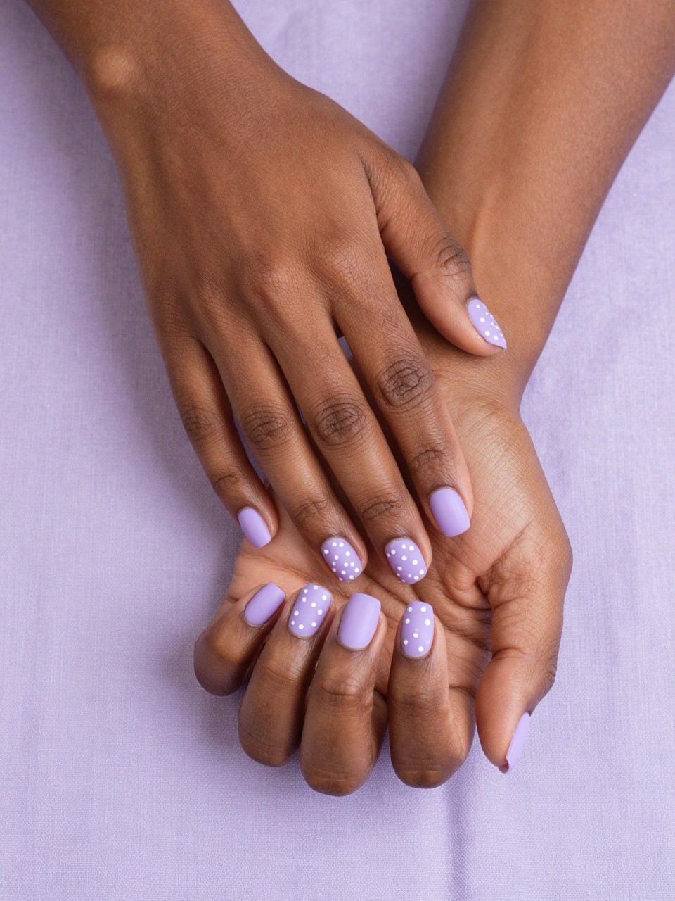 Bird's-eye view of black feminine hands with short nails resting on a lavender-colored cloth. The nails are a light matte lavender. Tiny, matte white polka dots are scattered playfully across each nail. The mood is sweet, simple, and feminine.