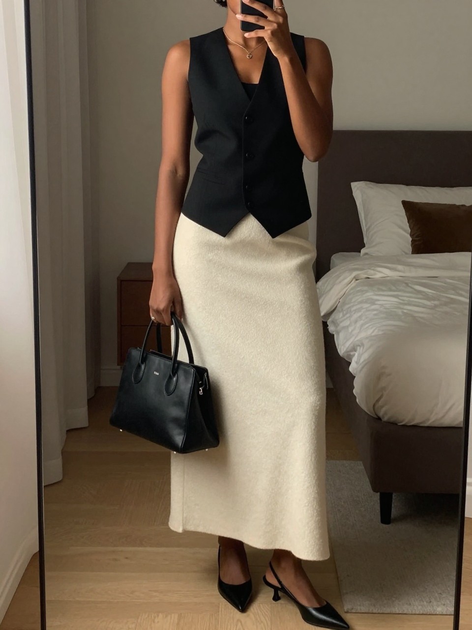 mirror selfie of a black woman wearing a tailored black vest over a thin black tank tucked into a cream wool maxi skirt with black pointed minimalist heels and a structured black handbag, standing in a modern sophisticated pose, cropped at NECK so face doesn't show, in a feminine-themed bedroom, warm moody lighting, iPhone photo quality.