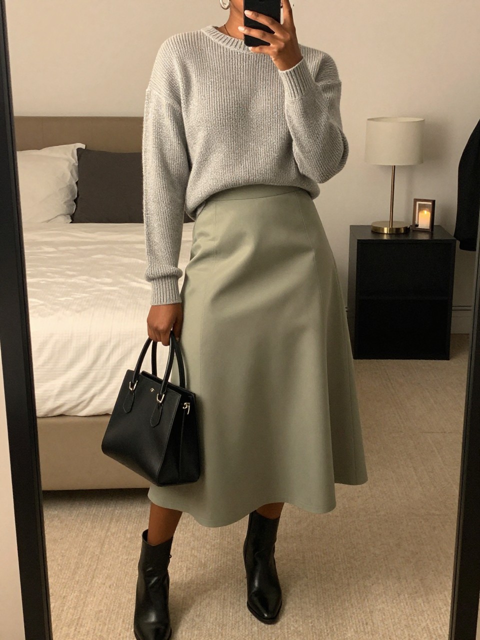 mirror selfie of a black woman wearing a heather grey fine-knit sweater tucked into a sage green A-line midi skirt with black ankle boots and silver hoop earrings, holding a black structured bag, standing in an elegant relaxed pose, cropped at NECK so face doesn't show, in a feminine-themed bedroom, warm moody lighting, iPhone photo quality.
