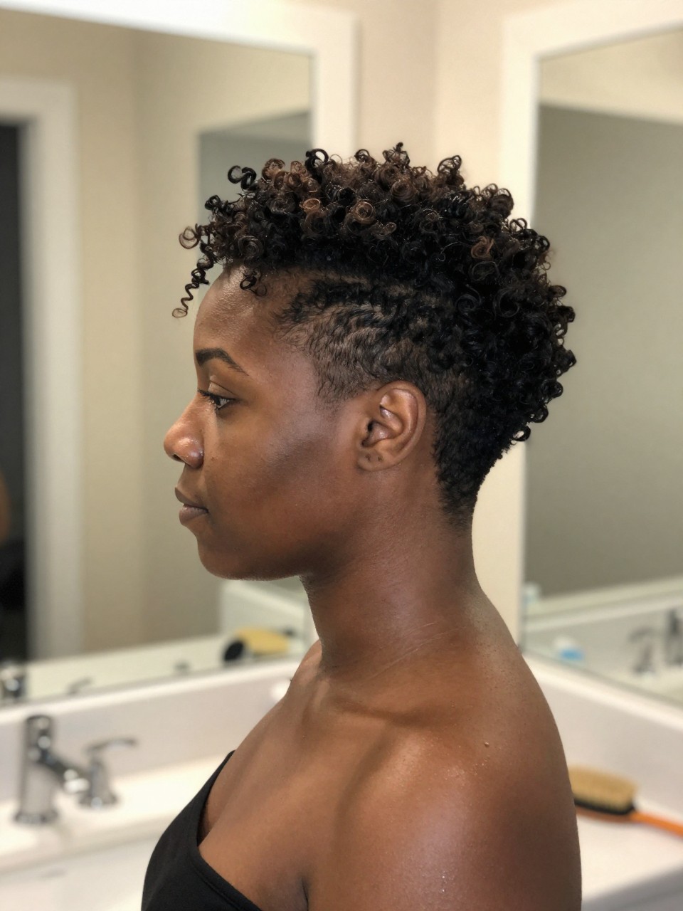 Photo of a black woman wearing a pineapple bob with tapered sides, side profile view showing the contrast between curly top and faded sides, setting is a bathroom vanity mirror with soft indoor lighting, containing an edge brush visible, iPhone photo quality.