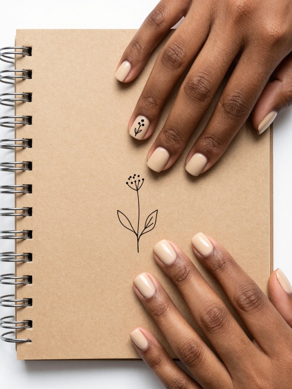Overhead view of black feminine hands with short, square nails on a kraft paper notebook. The nails are a matte fawn beige. A single, minimalist line drawing of a wildflower stem with a dot flower and one leaf is painted on each nail. The look is modern and playful.