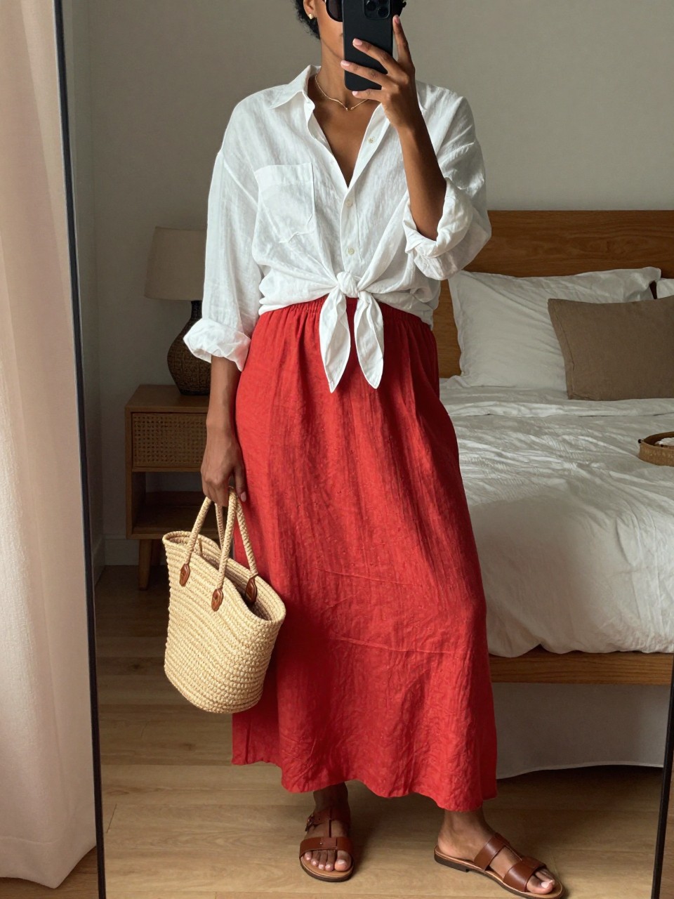 mirror selfie of a black woman wearing an oversized white linen shirt tied at the waist over a brick red linen maxi skirt with flat brown leather sandals and a straw beach bag, sunglasses on, standing in a relaxed summer pose, cropped at NECK so face doesn't show, in a feminine-themed bedroom, warm moody lighting, iPhone photo quality.