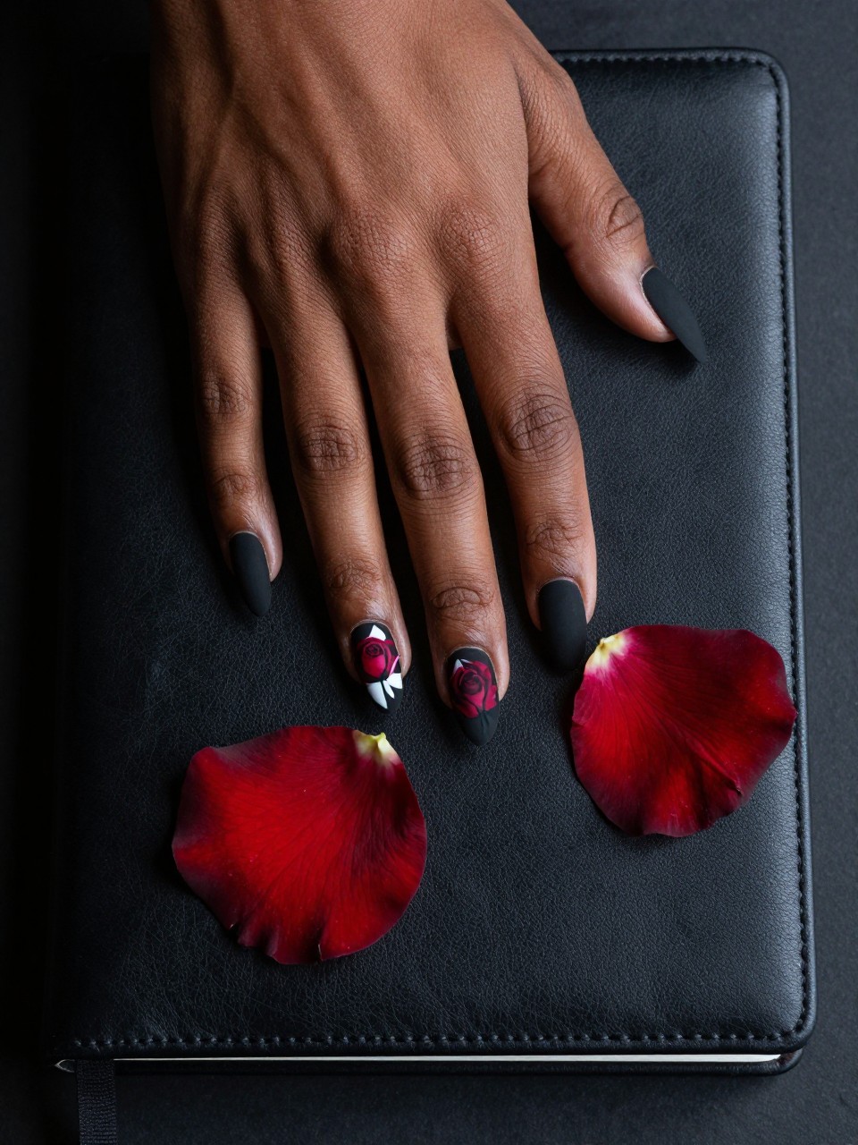 Overhead shot of black feminine hands with almond nails resting on a black leather journal. All nails are matte black. White the designs of the nails feature a realistically shaded red rose petal painted, as if it has just fallen onto the nail. The look is stark and emotive.