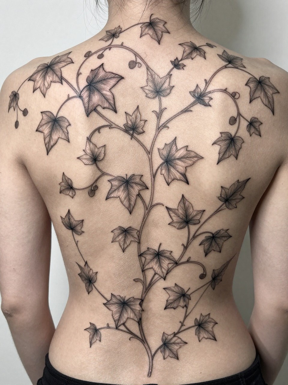 Full back pattern tattoo: an interconnecting lattice of fine-line ivy vines and leaves, covering the skin like delicate lace. Consistent, repeating pattern with no central focal point."
