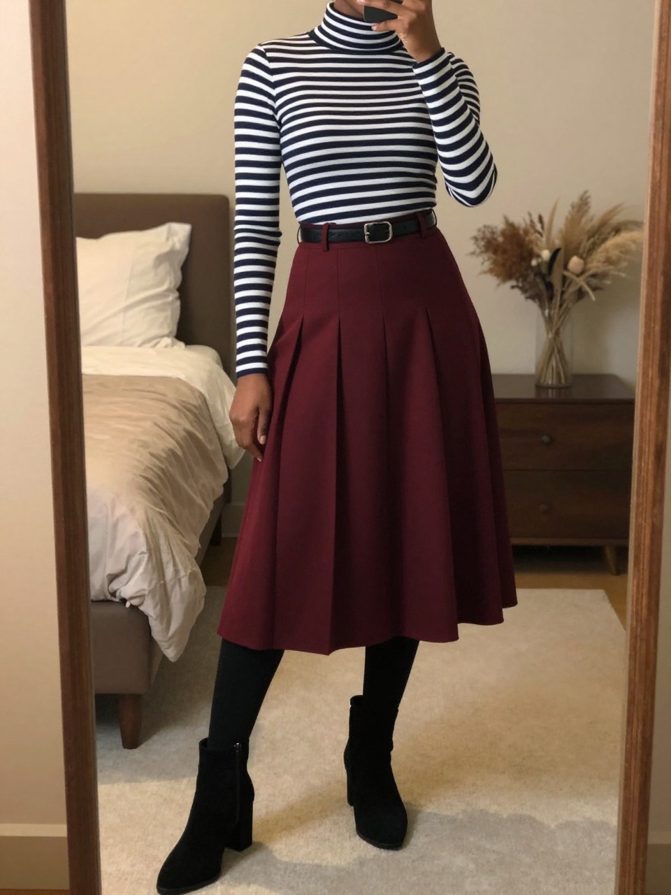 mirror selfie of a black woman wearing a navy and white striped turtleneck tucked into a burgundy red pleated midi skirt with black tights and black suede block-heel ankle boots, a black belt at her waist, standing in a cozy fall pose, cropped at NECK so face doesn't show, in a feminine-themed bedroom, warm moody lighting, iPhone photo quality.